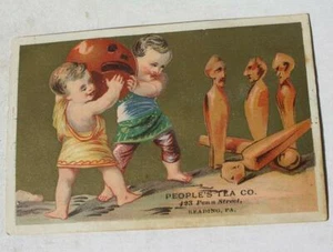 Bowling Trade Card People's Tea Company Lithographed Bowling Babies Carved Pins - Picture 1 of 1