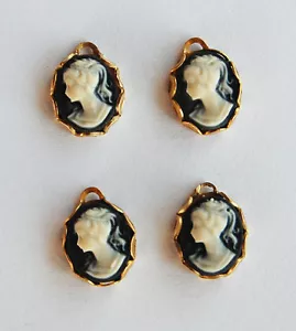 VINTAGE 4 SMALL CAMEO PENDANT BEAD BEADS BLACK & WHITE RESIN • 10x8mm - Picture 1 of 3