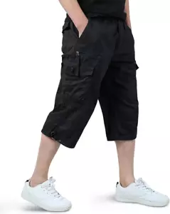 Men's 3/4 Cargo Shorts Twill Elastic Waist Casual 7-Pocket Capri Pants - Picture 1 of 24