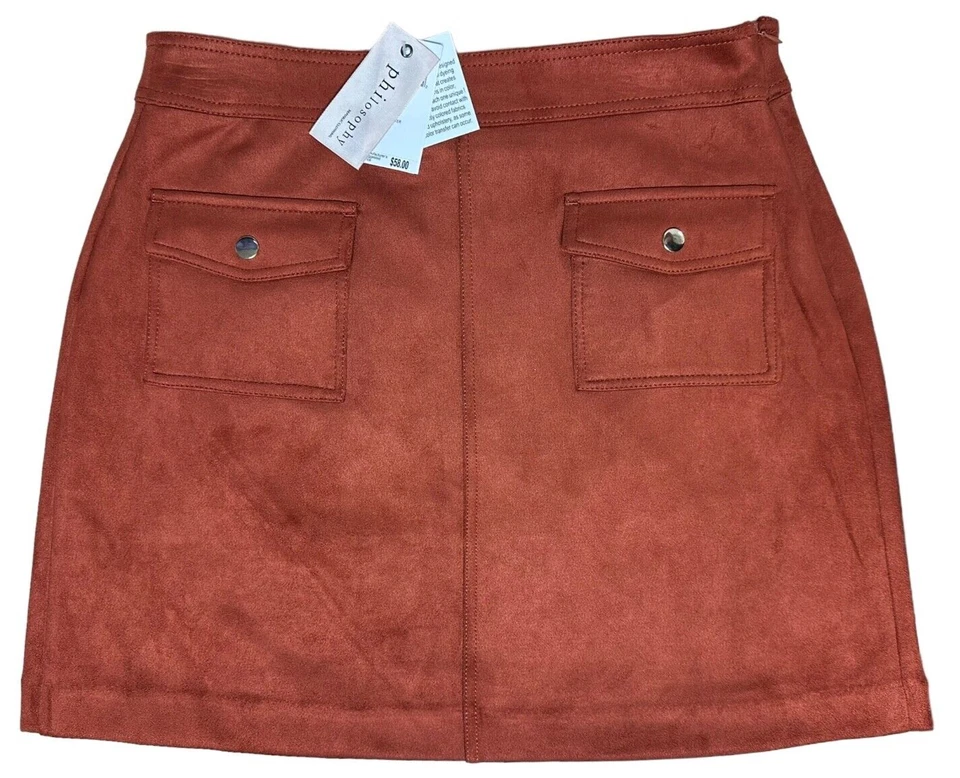 Mini-saia feminina Philosophy de couro sintético com bolsos e zíper lateral tamanho 10 especiarias - Imagem 1 de 4