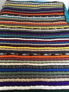 Vintage Handmade Striped Blanket Bedspread Knit Rainbow 74" X 51" Retro - Picture 1 of 10