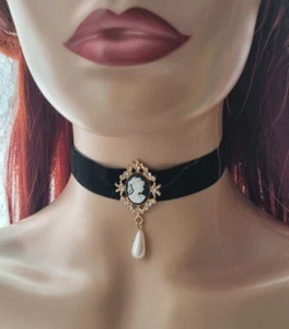 New Black Cameo Choker Necklace Velvet Collar Crystal Pearl Charm Retro Vintage - Picture 1 of 2