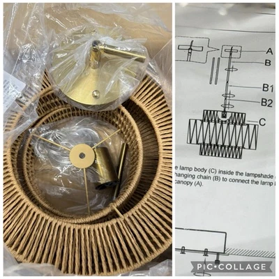 3 Tier Natural Wicket Rattan Chandelier Boho Pendant Light / Copper Hardware New - Image 1 of 4