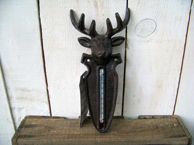 Termometro giardino cervo ghisa nuovo corna stile country nostalgia caccia caccia caccia - Immagine 1 di 4