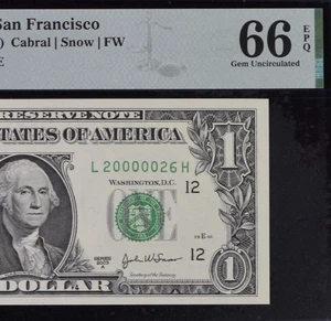 2003A $1 Federal Reserve Note PMG 66EPQ - Birthday Fancy Serial Number 20000026 - Picture 1 of 3
