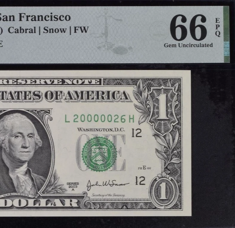 2003A $1 Federal Reserve Note PMG 66EPQ - Birthday Fancy Serial Number 20000026 - Image 1 of 3