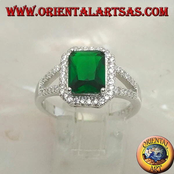 Anello in Argento 925‰ smeraldo sintetico rettangolare con 2 linee laterali - Immagine 1 di 1