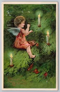 Weihnachtsfee 1909, Engelkind in Baumzweigen, Kerzen geprägte Postkarte - Bild 1 von 3