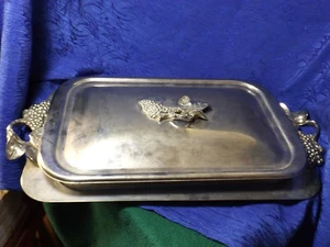 Godinger Silver Serving Tray With Glass Cassarole Dish Grape Design - Picture 1 of 8