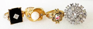 4 NEW Womens Fashion Rings - Pearl Onyx Enamel White Rhinestones - Size 5.25 - Picture 1 of 3