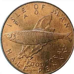 Moneda de la Isla de Man 1/2 medio centavo 1977 FAO alimento para peces para todos UNC de bolsa - Imagen 1 de 3