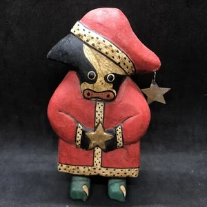 Christmas Cow In Santa Suit Folk Art Figurine 5.5" Tall Rustic Farmhouse Country - Picture 1 of 8