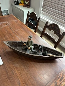Rare 29" Large Vintage Carved & Painted Resin Fisherman w/ Boat and dog /fish - Picture 1 of 15