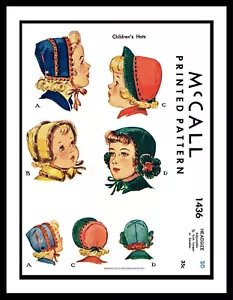McCall #1436 Hüte Stoff Nähen MUSTER 1940er MÄDCHEN Kinder Kleinkind Kinder 20" Kopf - Bild 1 von 4