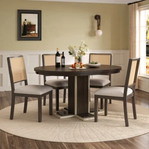 5 Piece Retro Round Dining Table Set Extendable with 4 Chairs Espresso - Picture 1 of 71