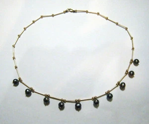 17" Vintage 80s Black Cultured Pearl Drops 14K Yellow Gold Tube Links Necklace - Picture 1 of 7