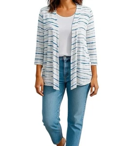 Habitat Damen Gr. L Strickjacke Pullover vorne offen asymmetrische Streifen blau weiß - Bild 1 von 7
