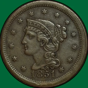 1851 Braided Hair Large Cent Almost Uncirculated AU Coin #28555 - Picture 1 of 3