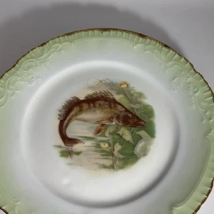 Antiker JS Germany 8 Zoll handbemalter Fischteller Goldrand - Bild 1 von 9
