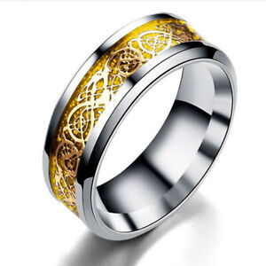 Men Stainless Steel Dragon Ring Inlay Carbon Fiber Ring Wedding Band Jewelry