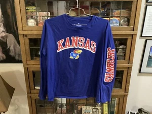 Kansas Jayhawks Blue SPELL OUT L/S FANATICS Cotton T-shirt SZ XL - Cool - Picture 1 of 12