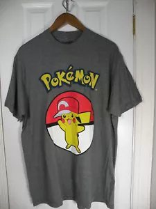 Pokemon Graphic T Shirt Pikachu wearing Ash's Hat Men XL Short Sleeve Gray - Picture 1 of 14