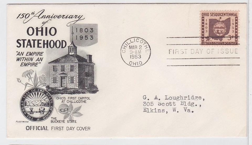 TurtlesTradingPost - Ohio Sesquicentennial- 1953 #1018 FDC- Fleetwood Cachet - Image 1 of 1