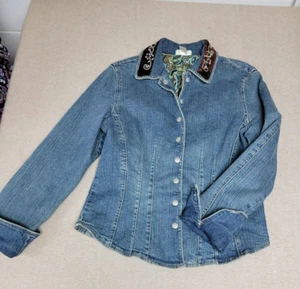 CHRISTOPHER & BANKS Woman's Sz MED Denim Jacket with Sequin Trim Paisley Lining - Picture 1 of 9