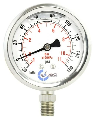 1-1/2" Vacuum Gauge Stainless Steel Case Liquid Filled Lower Mnt -30 Hg/+160 psi - Image 1 of 4