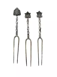 Juego de 3 tenedores de cóctel asiáticos ornamentados figurativos plateados - Imagen 1 de 7