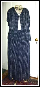 SILK TWO PIECE - JUDY FRENCH - LONDON NAVY POLKA DOT SIZE 18 SKIRT, 20 JACKET - Picture 1 of 3
