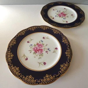 2 Antique Aynsley Dessert Cabinet Plates Hand Painted Floral Cobalt Blue Gilt - Picture 1 of 13