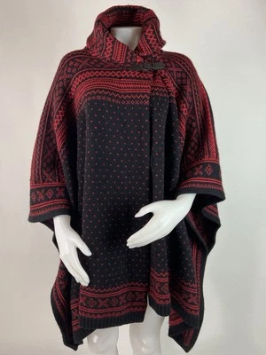 Poncho Ralph Lauren Talla Única Rojo Negro Nórdico Isla Justa Lana Capa Hebilla Cierre Foto 1 de 4
