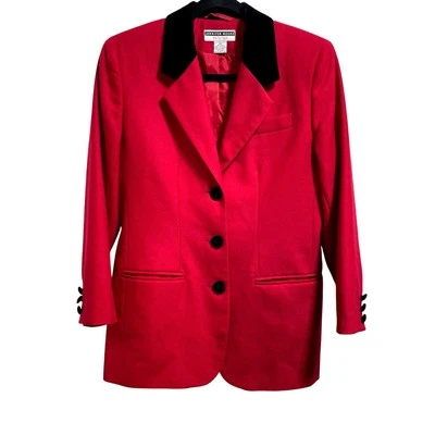 Jennifer Moore Red 100% Wool Velvet Trim Blazer Jacket Women's Sz 4P - Image 1 of 4