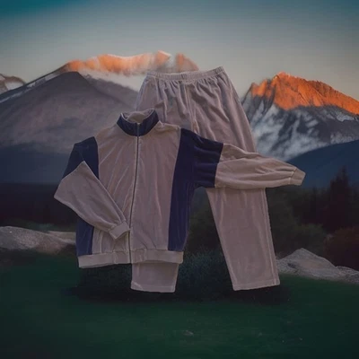 Norm Thompson Velour track suit Tan/Camel and Blue sz XL - Image 1 of 4