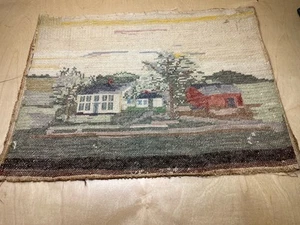 1890s Antique Needlepoint House & Farm Scene / Picture - 16" x 21" - Picture 1 of 10