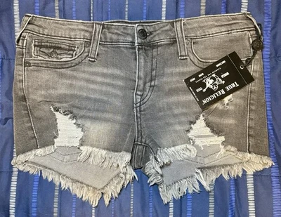 True Religion Shorts Womens 31 Grey/Black Joey Low Rise Cut Off Raw Hem - Image 1 of 2