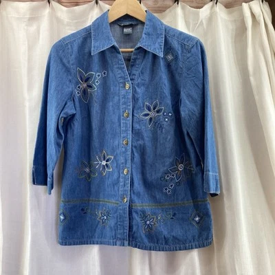 Blusa Top City Blues By Koret Mujer Azul Manga 3/4 Bordada Denim Pequeña Foto 1 de 4