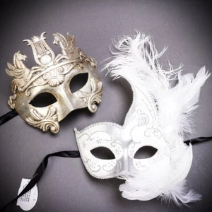 Venetian Silver Feather Masks Couple For Men and Women Masquerade Party Costume - Picture 1 of 3