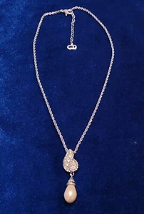 Vintage Christian Dior Silvertone Necklace. With Rhinestones And Faux Pearl - Picture 1 of 12