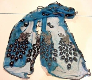 Women's Turquoise Gold Accents & Trim Peacock Print Lightweight Scarf - NWOT (O) - Picture 1 of 9