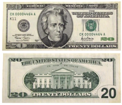 $20 Dollar Federal Reserve Note, LOW serial # CK 00004464 Circulated US Paper - Image 1 of 2