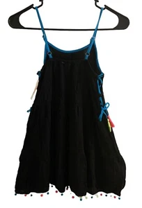 Justice Girls Swimsuit Cover Up Black Size 8 Adjust Straps Side Tie Up Pompoms - Picture 1 of 10