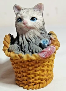 Fluffy Grey Cat in a Basket Figurine, Blue Eyes, Flowers, 3" - Picture 1 of 7