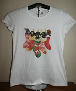 Dackel in Weihnachtsstrümpfen T-Shirt Damen Medium in weiß - Bild 1 von 4