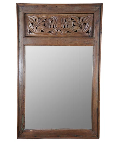 Vintage Indonesian Carved Mahogany Over Mantel Wall Mirror Reclaimed Door 73" Cover