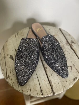 NUEVO SIN ETIQUETAS J CREW Planos Plata Brillante Punta Marina Mula Brillo Talla 6.5 Foto 1 de 4