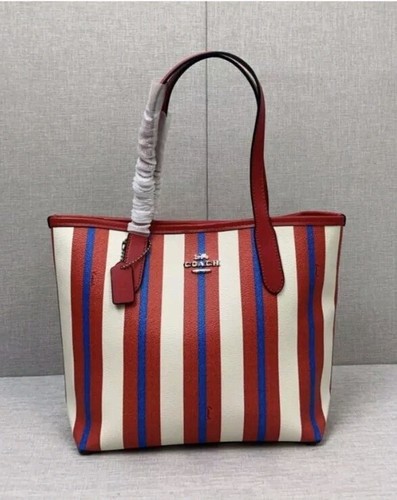 Borsa da spiaggia rossa nuova con etichette Coach CT824 piccola città con stampa a righe tela in pelle rossa