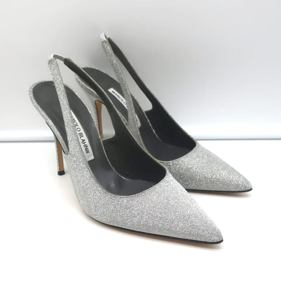 Manolo Blahnik Allura Glitter Slingback Pumps Silver Size 38.5 Pointed Toe Heels - Image 1 of 4