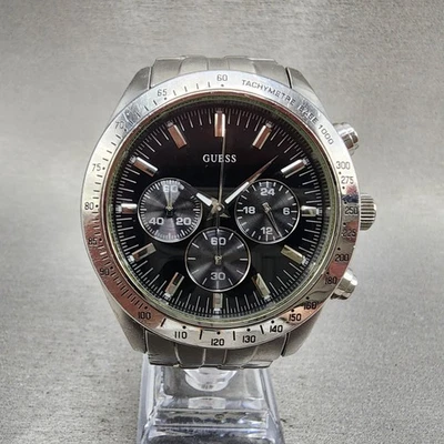 Guess Chronograph Watch Men 43mm Black Dial Steel Round W12004G1 New Battery - Image 1 of 4